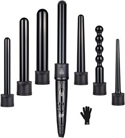KKMNDE 6 en 1 bigoudi en céramique Professionnel Interchangeable Fer à friser Rotatif bigoudis Outils de Coiffure de Soins capillaires, Outils de Coiffure Multifonctions à contrle de TEM