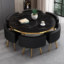 Table à manger ronde effet marbre noir et chaises encastrable PopUp XL