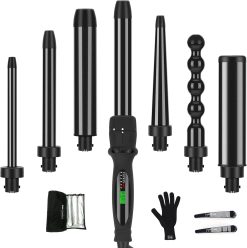 Fer a Boucler 7 En 1, Parwin Pro Beauty Boucleur a Cheveux, Professionnel Appareils Et Outils De Coiffure, Fer a Friser en Céramique avec 7 Baguettes Chauffantes, 100-230℃, cran LCD