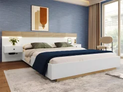 Lit adulte 180x200 cm en bois avec chevets suspendus + LED et ports USB + sommier à lattes - Blanc