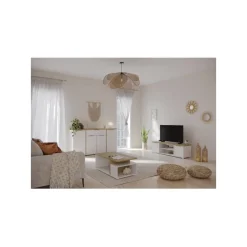 Ensemble Salon ACCESS : Table basse + Banc TV + Enfilade 4 portes - Decor chene Hamilton et blanc